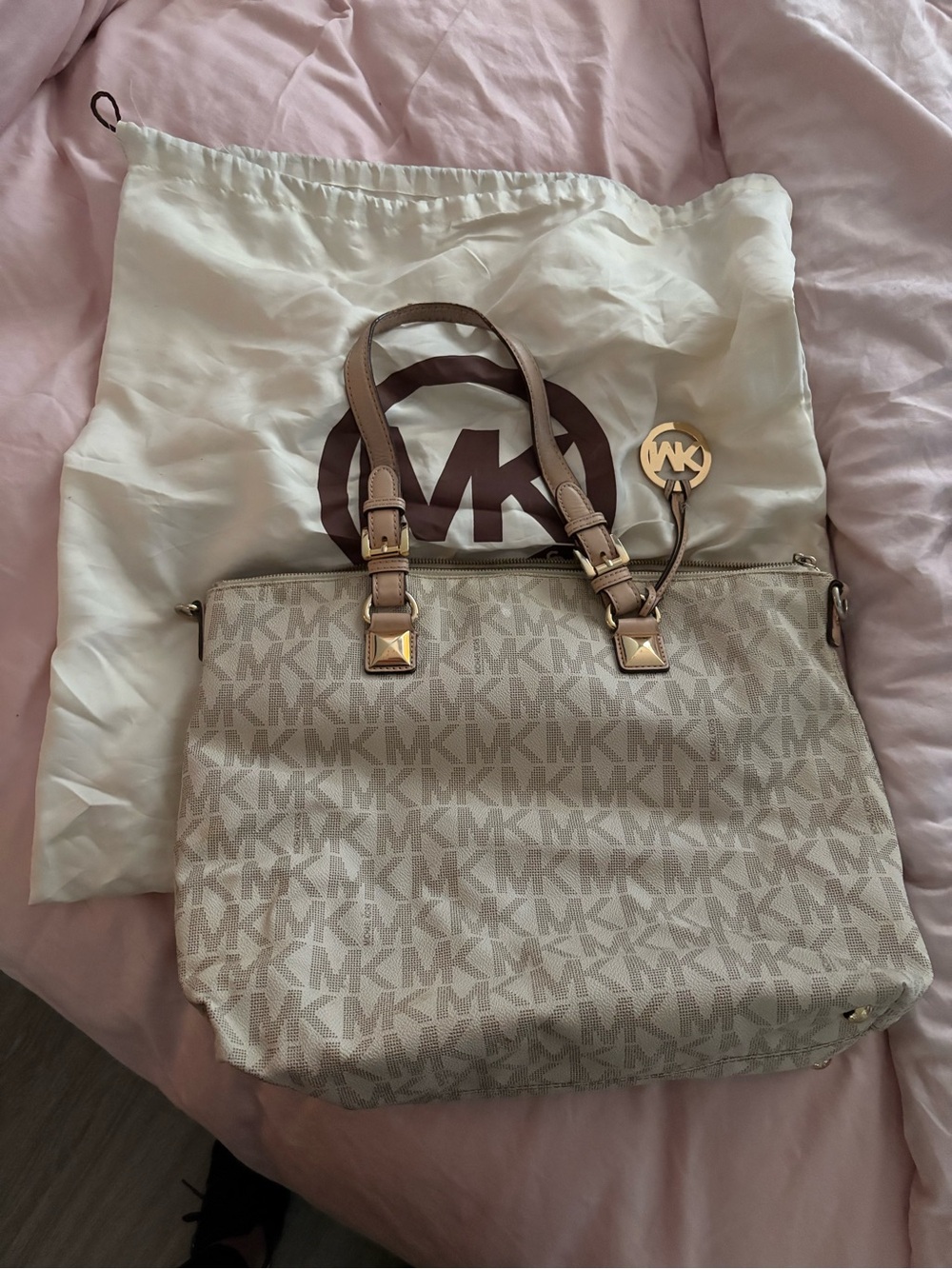 Michael Kors Beige Logo Tote with Tan Handles and Gold Charm